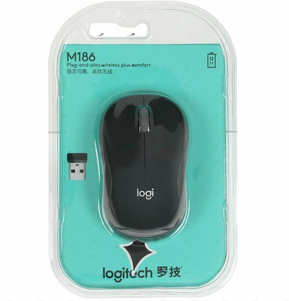 Мышь Logitech M186 черный/серый оптическая 1000dpi беспров. USB для ноутбука 2but (910-004131)