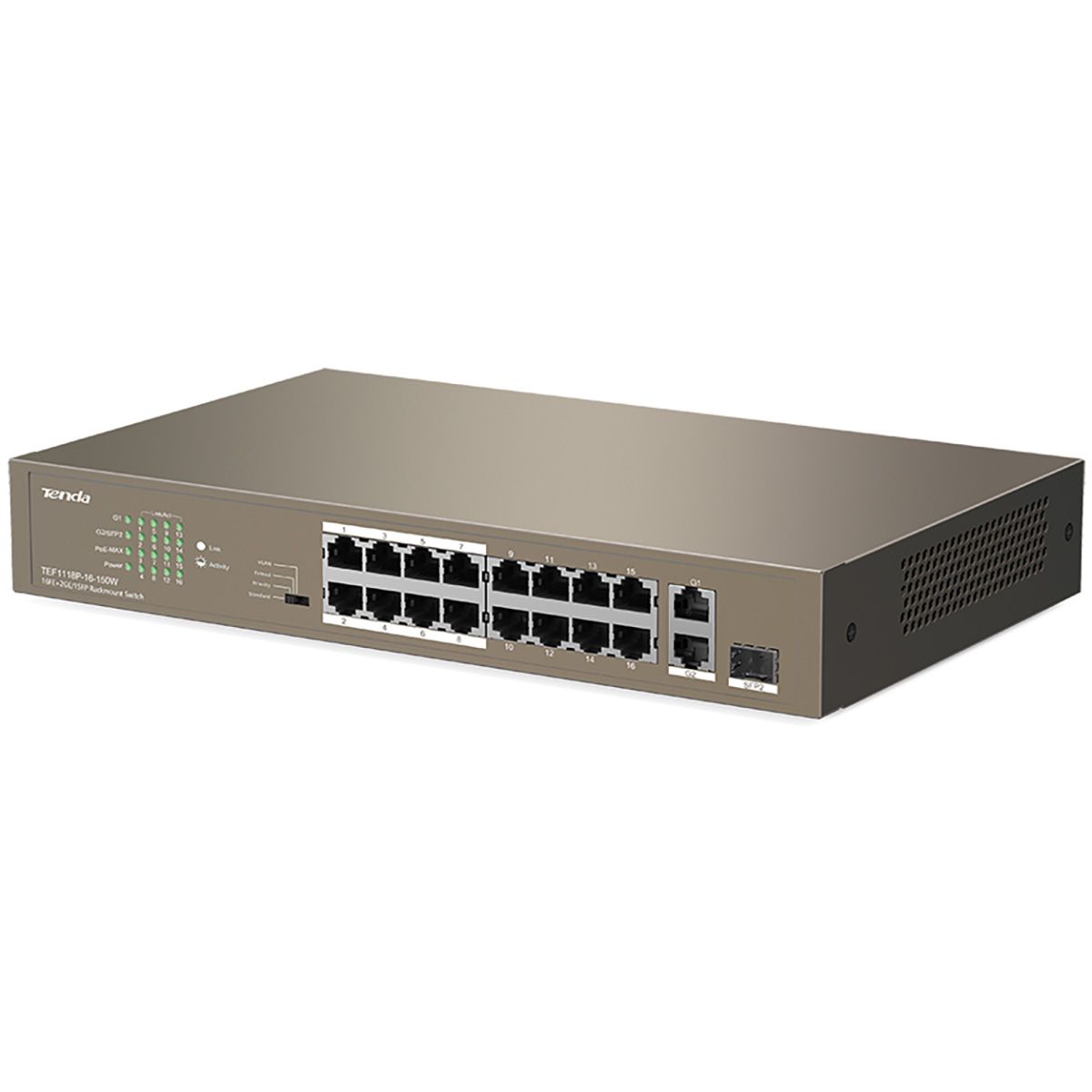 Коммутатор Tenda TEF1118P-16-150W (L2) 16x100Мбит/с 2x1Гбит/с 1SFP 16PoE 130W неуправляемый