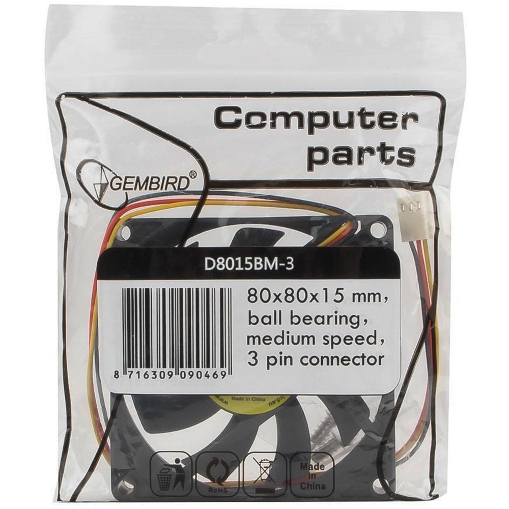 Gembird Вентилятор 80x80x15, подшипник, 3 pin, провод 30 см (D8015BM-3)