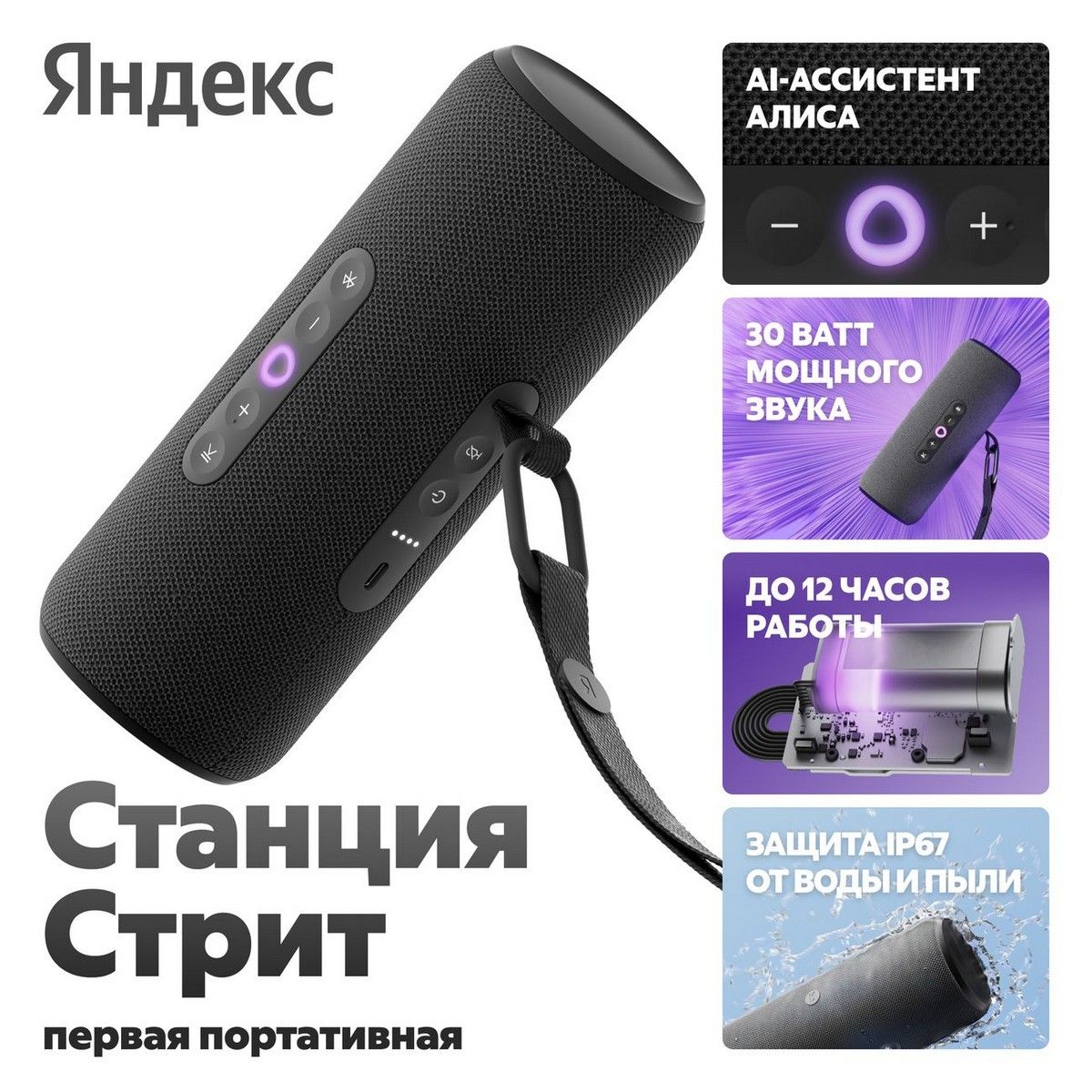 Умная колонка Yandex Стрит Алиса черный 30W 2.0 BT/Wi-Fi 10м 3300mAh (YNDX-00030BLK)