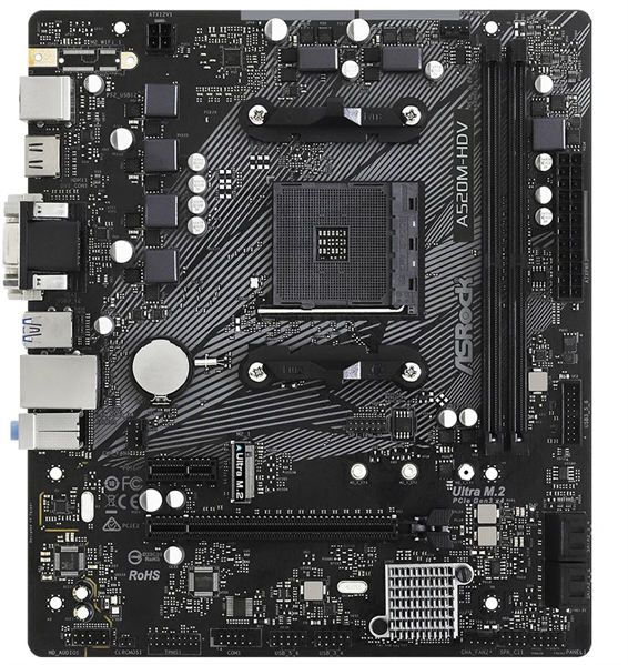 Материнская плата Asrock A520M-HDV Soc-AM4 AMD A520 2xDDR4 mATX AC`97 8ch(7.1) GbLAN RAID+VGA+DVI+HD