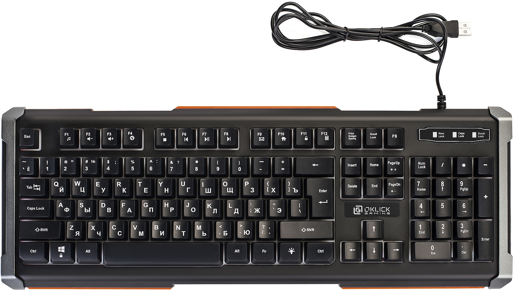 Клавиатура Оклик 717G BLACK DEATH черный/оранжевый USB Multimedia for gamer LED (476395)
