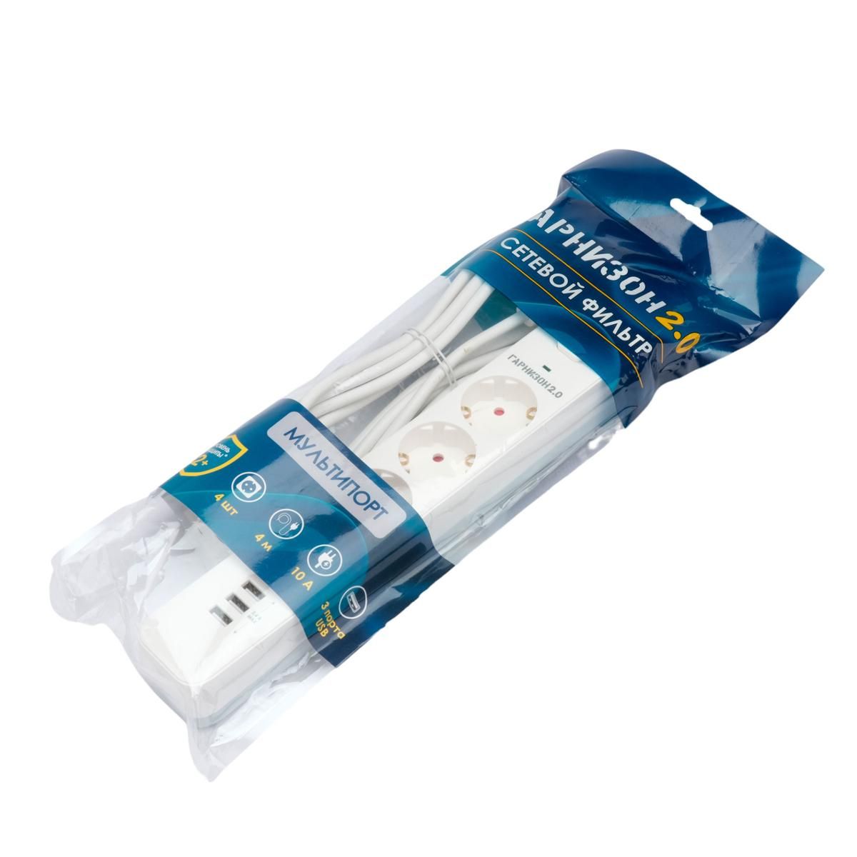 Гарнизон Сетевой фильтр 2.0 EPS-4-U3-W-4  Мультипорт, 4р, 10А, 3xUSB, 4м, ур.защиты 2+, белый, пакет