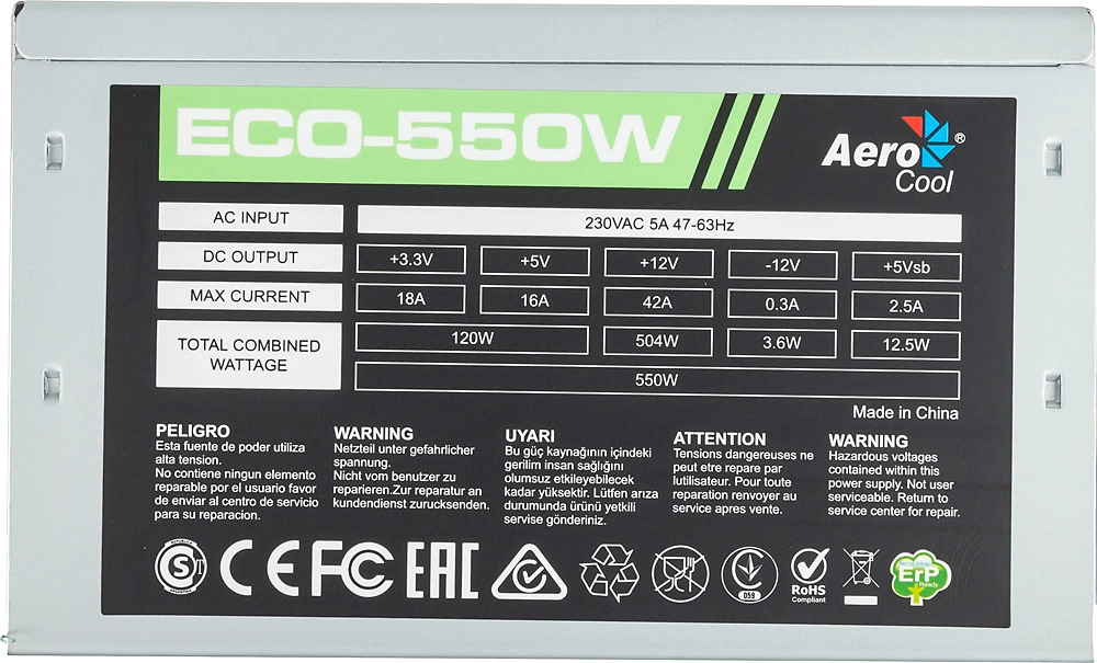 Блок питания Aerocool ATX 550W ECO-550 (20+4pin) 120mm fan 4xSATA RTL