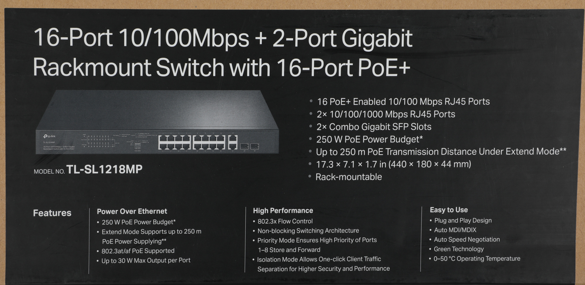 Коммутатор TP-Link TL-SL1218MP (L2) 16x100Мбит/с 2x1Гбит/с 2xКомбо(1000BASE-T/SFP) 16PoE+ 192W неупр