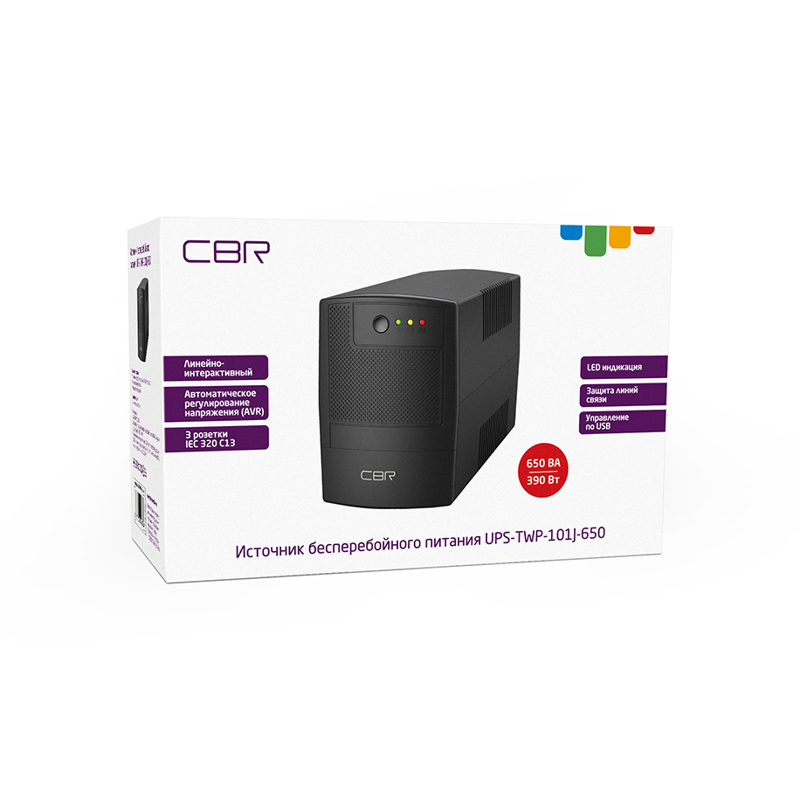 ИБП CBR [UPS-TWP-101J-650] 650VA/390W, IEC 320 C13 x3 outlets, LED, USB Type-B, RJ11/45 AVR, SEC, 12