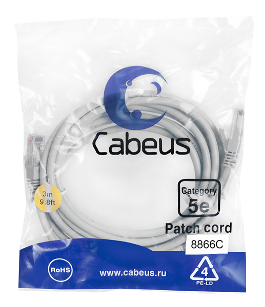 Cabeus PC-UTP-RJ45-Cat.5e-3m-LSZH Патч-корд U/UTP, категория 5е, 2xRJ45/8p8c, неэкранированный, серы
