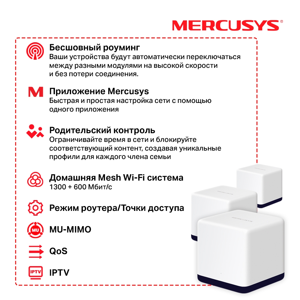 Бесшовный Mesh роутер Mercusys Halo H50G (HALO H50G(3-PACK)) AC1900 10/100/1000BASE-TX белый (упак.:
