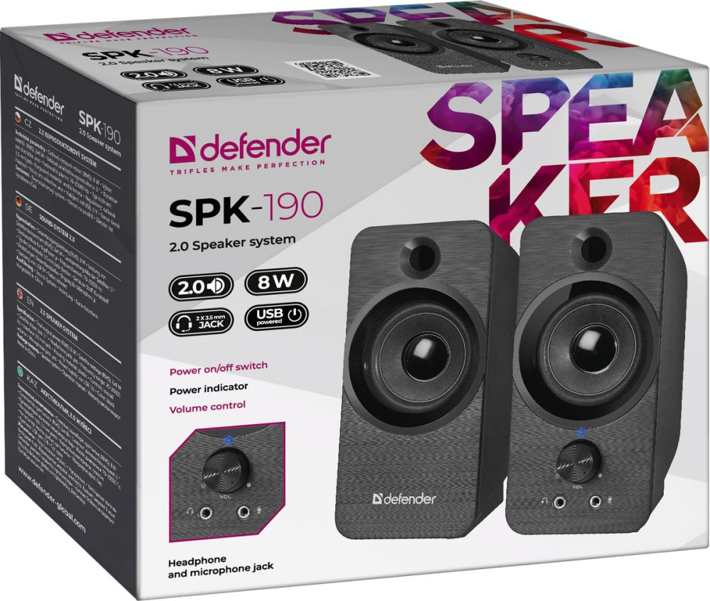 Колонки Defender SPK-190 2.0 черный 8Вт портативные