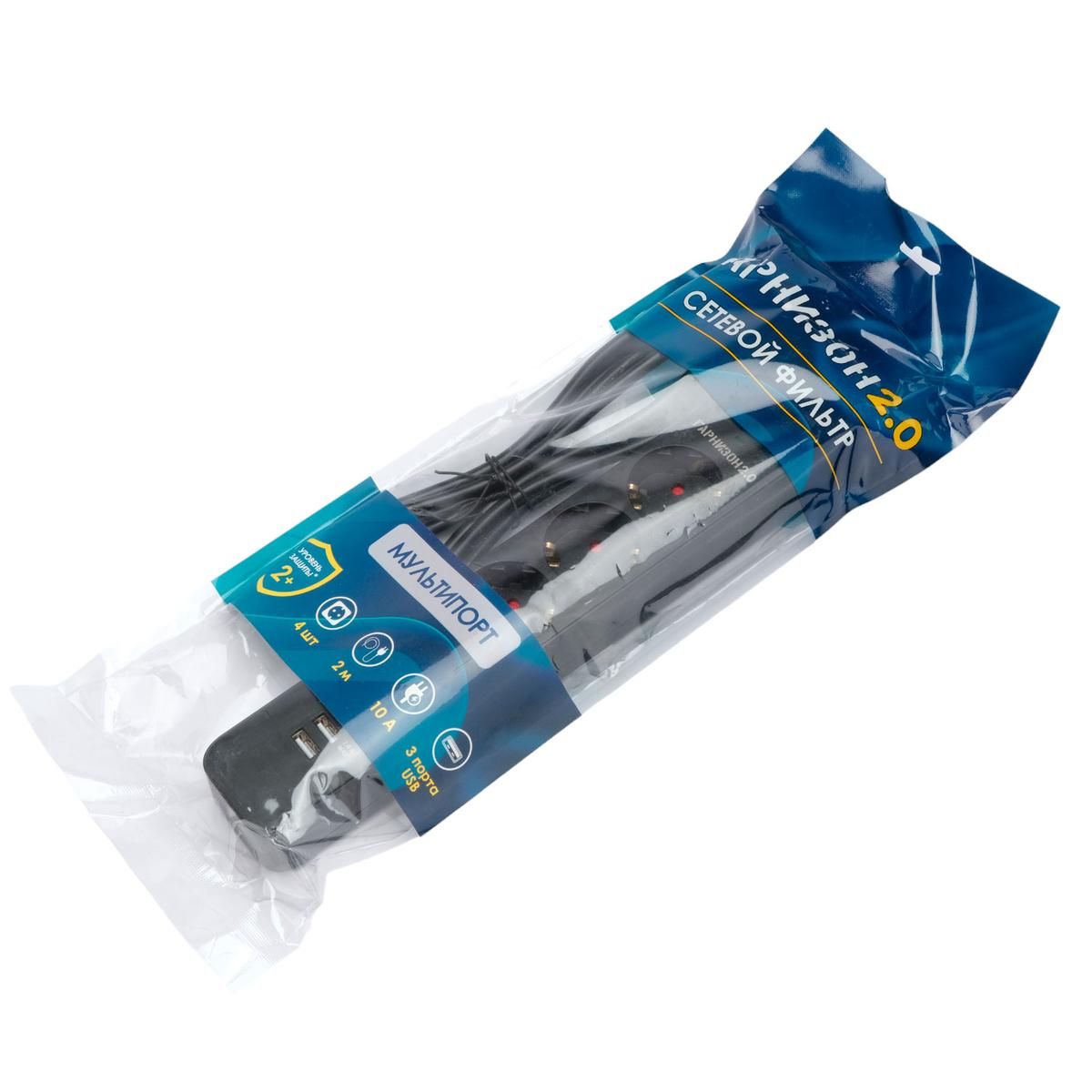 Гарнизон Сетевой фильтр 2.0 EPS-4-U3-B-2 Мультипорт, 4р, 10А, 3xUSB, 2м, ур.защиты 2+, черный, пакет