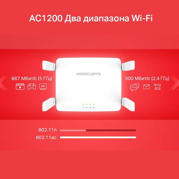 Mercusys AC10 Двухдиапазонный Wi-Fi роутер AC1200, до 300 Мбит/с на 2,4 ГГц + до 867 Мбит/с на 5 ГГц