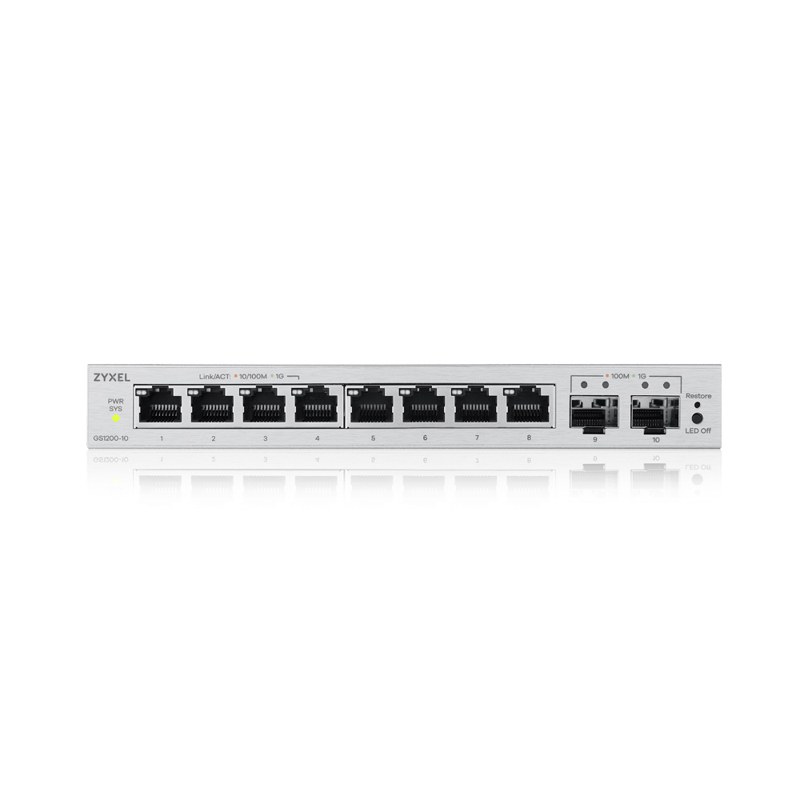 Коммутатор Web Smart L2 коммутатор Zyxel GS1200-10v3, 8xGE, 2xSFP, настольный, бесшумный