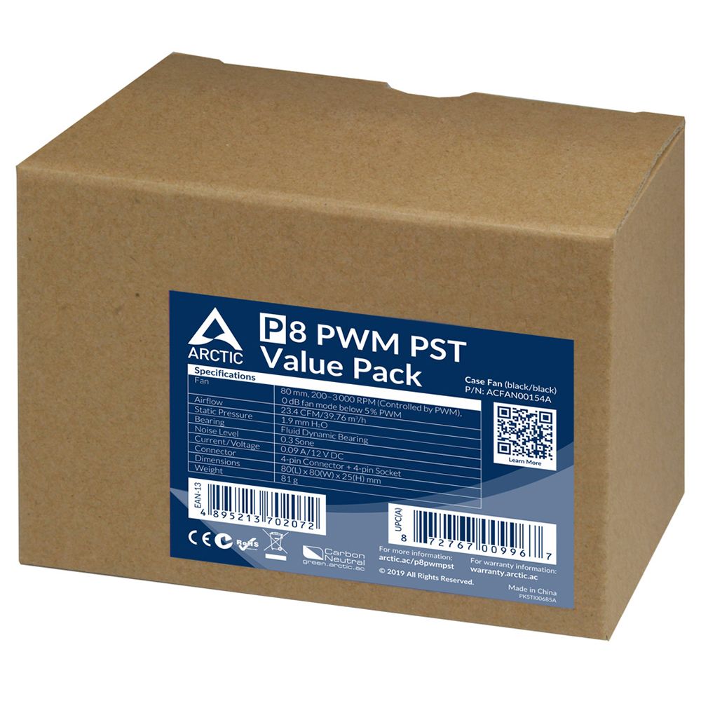 Вентилятор Arctic Cooling Вентилятор корпусной ARCTIC P8 PWM PST Value Pack (Black/Black) - retail (