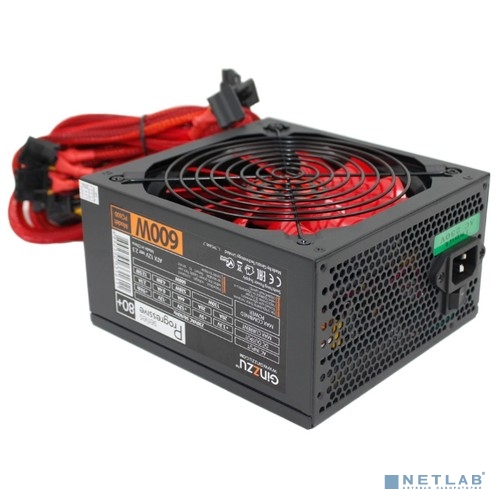 Ginzzu PC600 14CM(Red) 80+ black,APFC,24+4p,2 PCI-E(6+2), 5*SATA, 4*IDE,оплетка, кабель питания,цвет