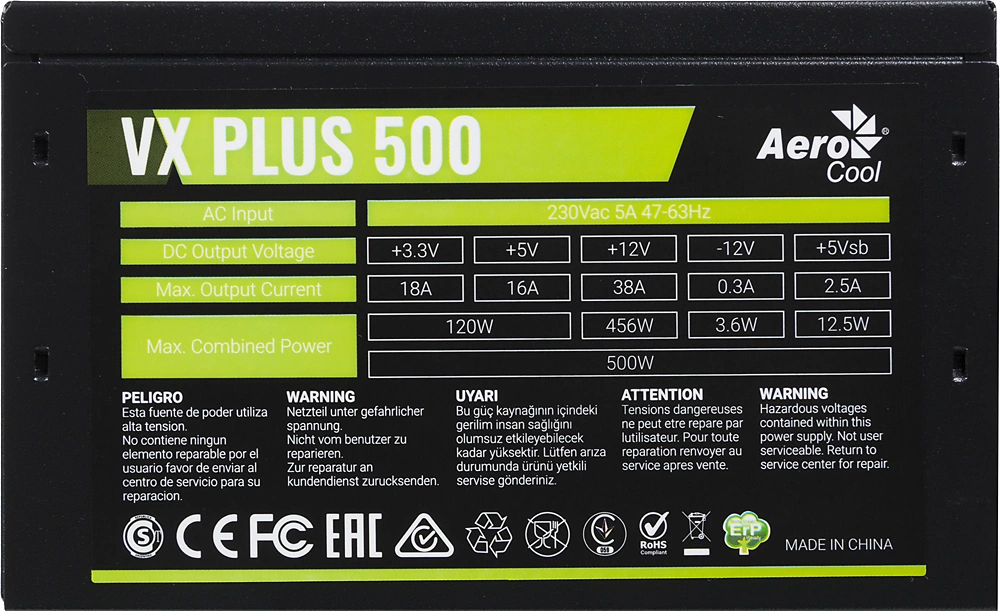 Блок питания Formula V Line VX PLUS 500, 500W, ATX12V v2.3, 12cm Fan (ex Aerocool)