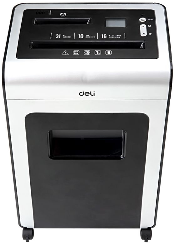 Шредер Deli E9917-EU черный/белый с автоподачей (секр.P-4) фрагменты 16лист. 31лтр. скрепки скобы пл