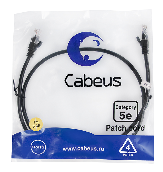 Патч-корд Cabeus PC-UTP-RJ45-Cat.5e-1m-BK Патч-корд U/UTP, категория 5е, 2xRJ45/8p8c, неэкранированн