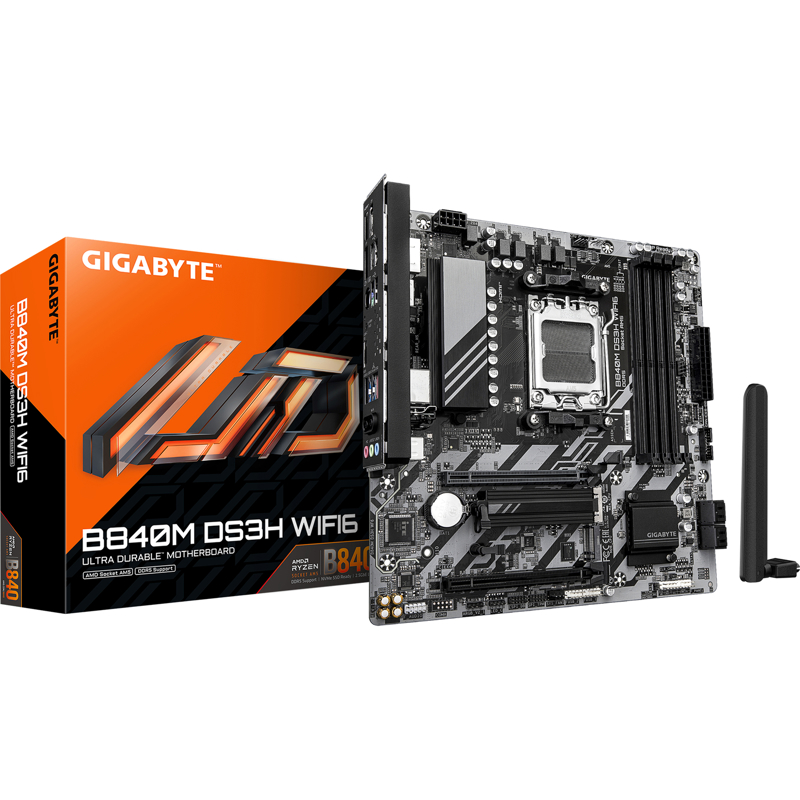 Материнская плата GIGABYTE Socket AM5, AMD B840, 4xDDR5, PCI-E 4.0, 2xM.2, HDMI, DisplayPort, PS/2, 