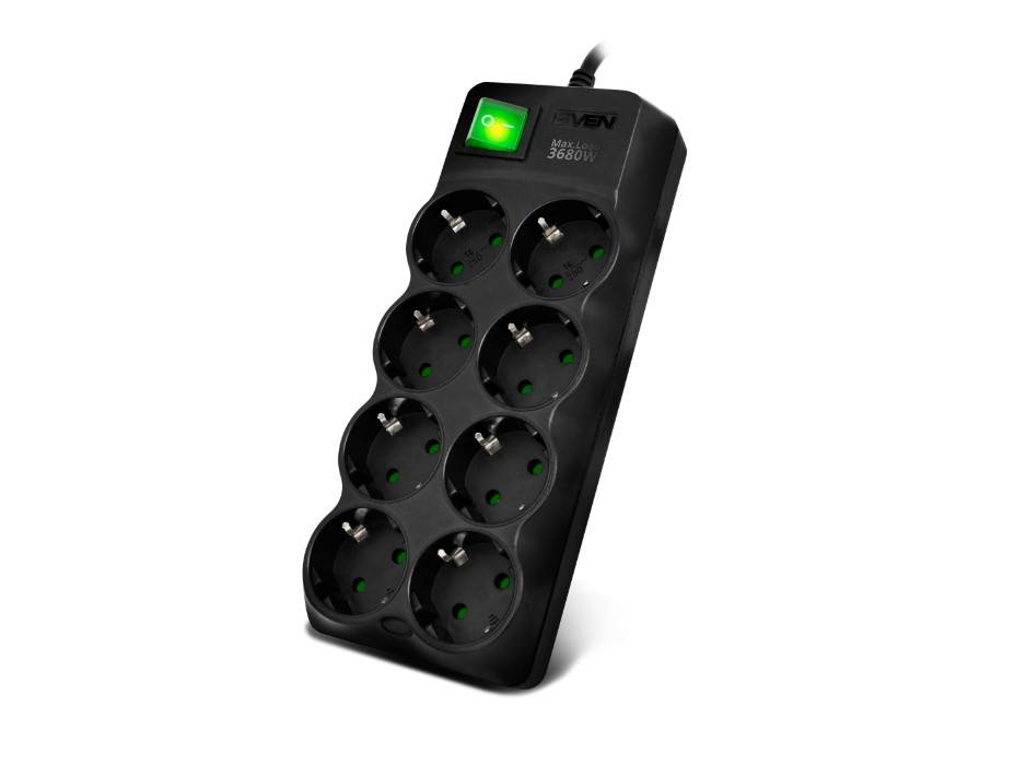 Сетевой фильтр SVEN SF-08E-16 (3 м 8 розеток с защитными шторками,16А) черный, цветная коробка/ Surg