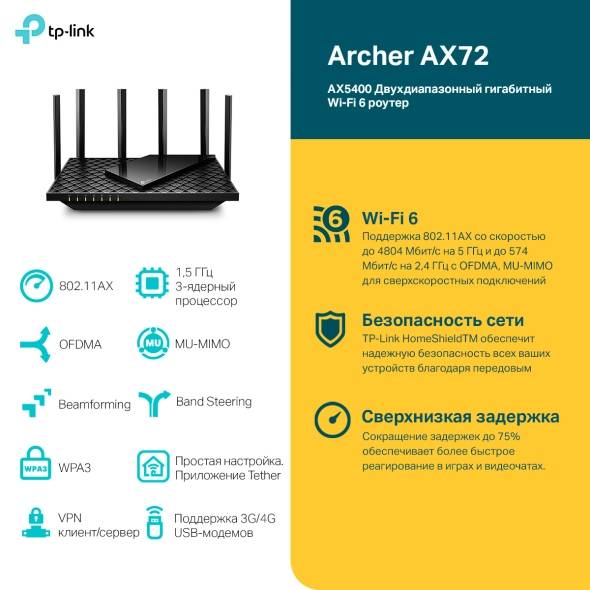 Роутер беспроводной TP-Link Archer AX72 AX5400 10/100/1000BASE-TX черный