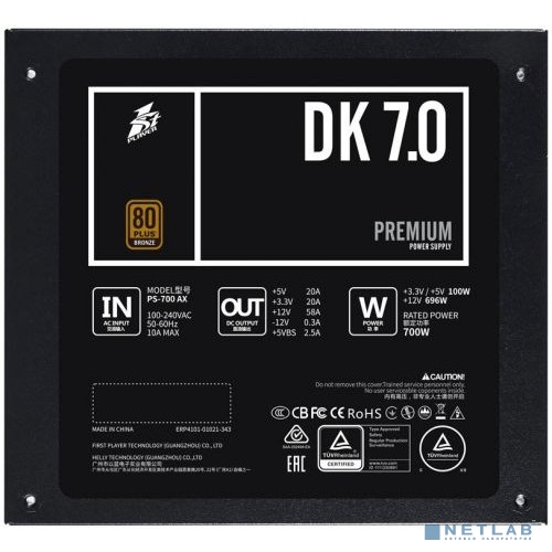 1STPLAYER Блок питания DK PREMIUM 700W / ATX 2.4, APFC, 80 PLUS BRONZE, 120mm fan / PS-700AX