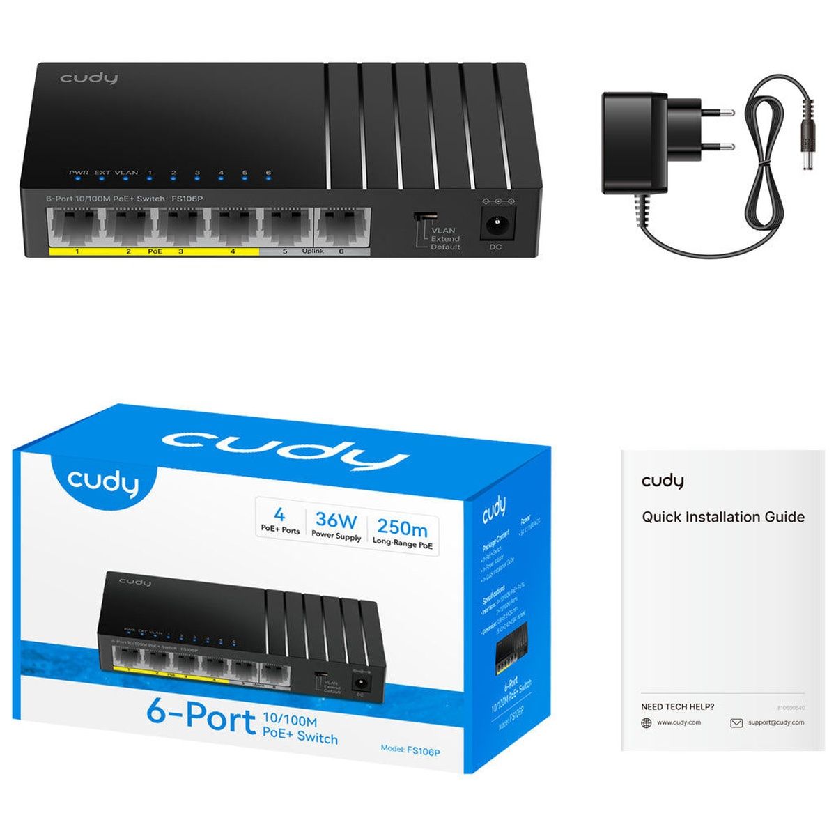 Коммутатор CUDY FS106P 6-Port 10/100M PoE+ Switch 36W