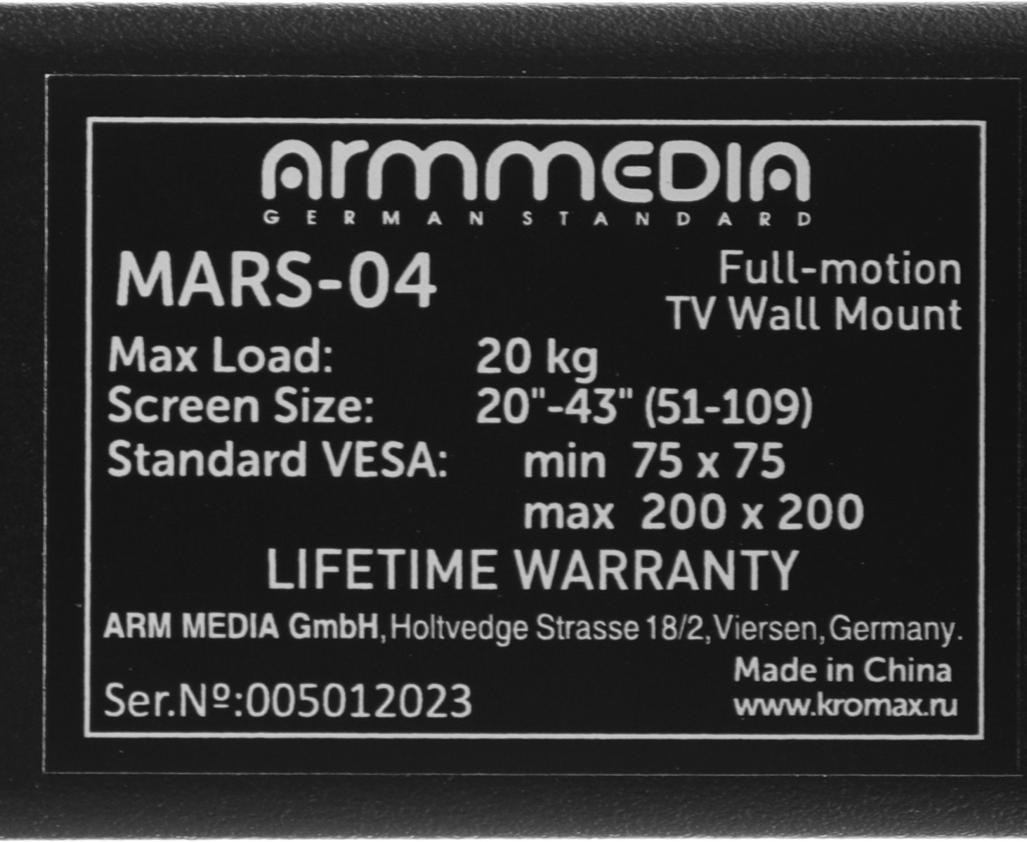 Кронштейн для телевизора Arm Media MARS-4 черный 20"-43" макс.20кг настенный поворот и наклон