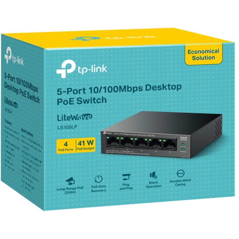 Коммутатор TP-Link LS105LP (L2) 5x100Мбит/с 4PoE 41W неуправляемый