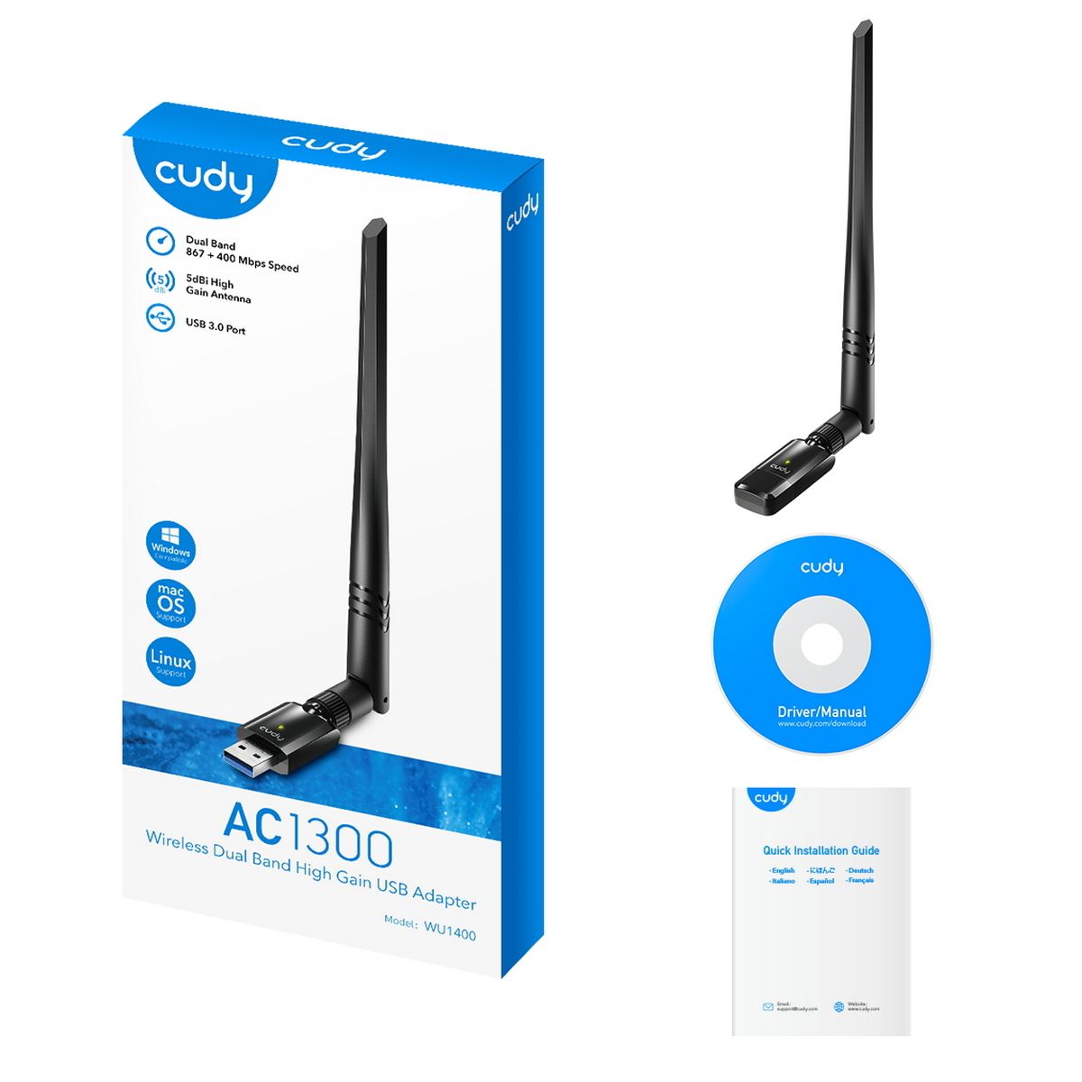 Сетевой адаптер Wi-Fi Cudy WU1400 AC1300 USB 3.0 (ант.внеш.несъем.) 1ант.