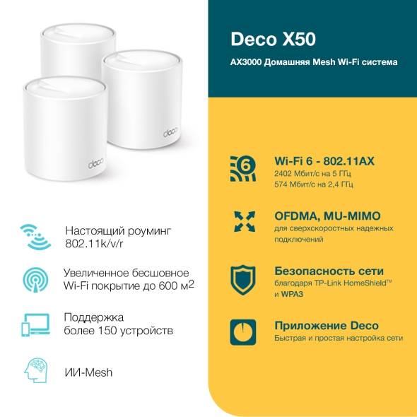 Бесшовный Mesh роутер TP-Link Deco X50(3-Pack) AX3000 10/100/1000BASE-TX белый (упак.:3шт)