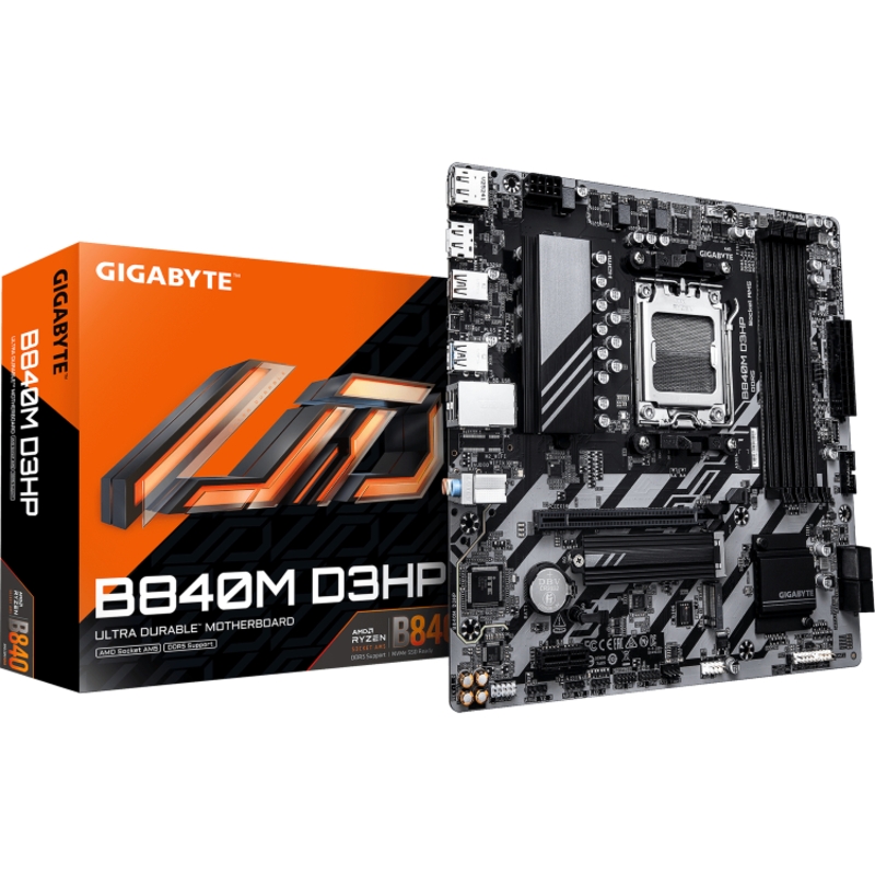 Материнская плата GIGABYTE B840M D3HP (AM5, AMD B840, 4*DDR5, PCIe, 2*M.2, 4*SATA, 3*USB 2.0, 2*USB 