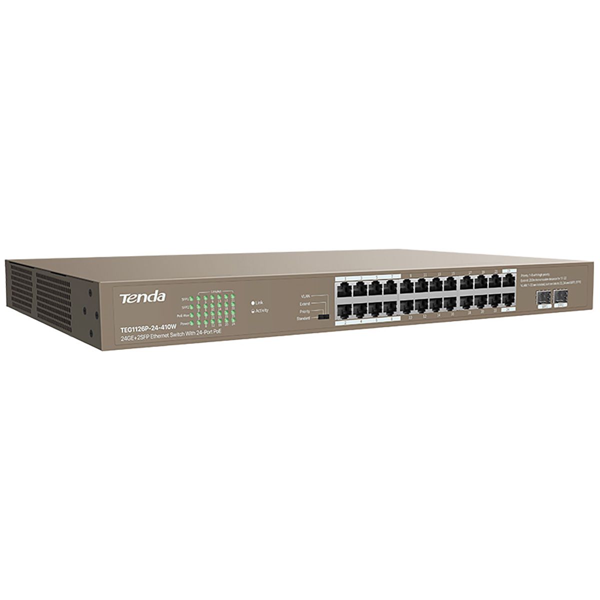 Коммутатор Tenda TEG1126P-24-410W (L2) 24x1Гбит/с 2SFP 24PoE 370W неуправляемый