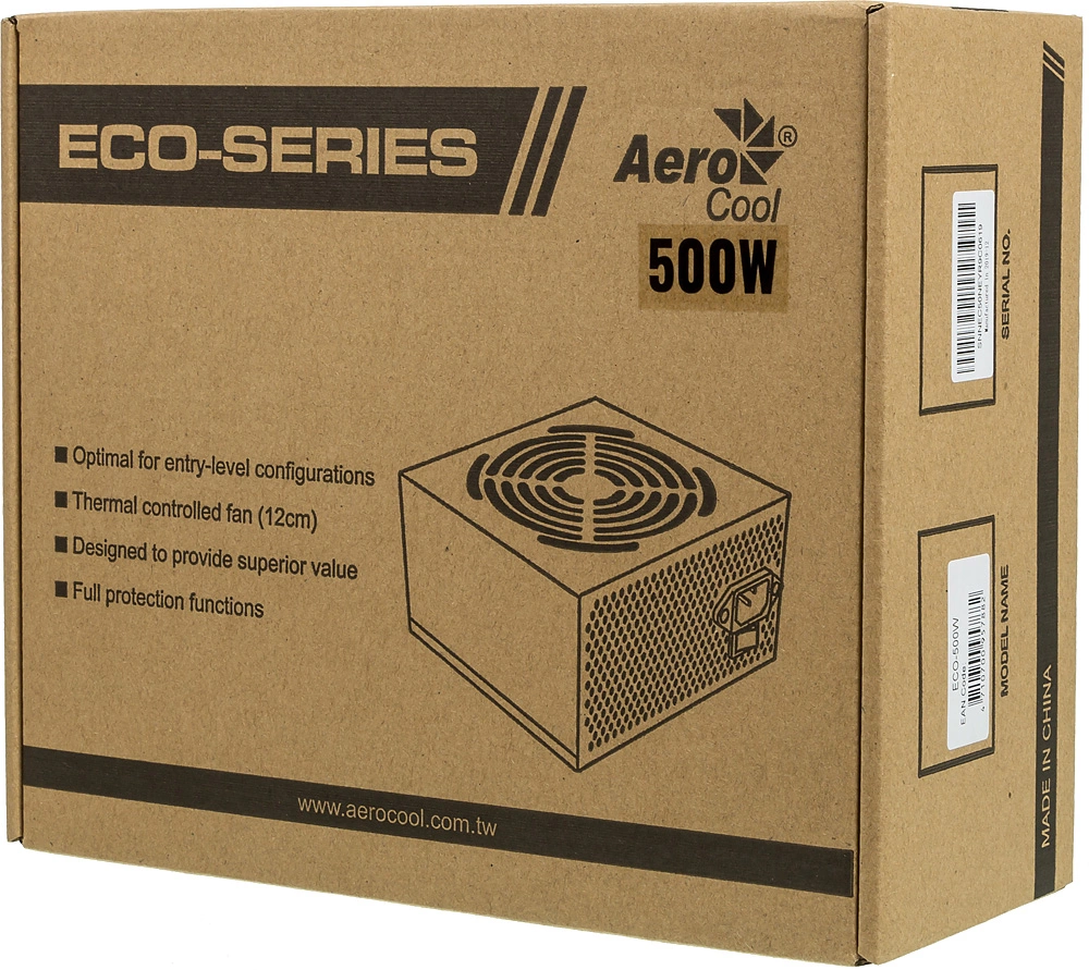 Блок питания Aerocool ATX 500W ECO-500 (20+4pin) 120mm fan 3xSATA RTL