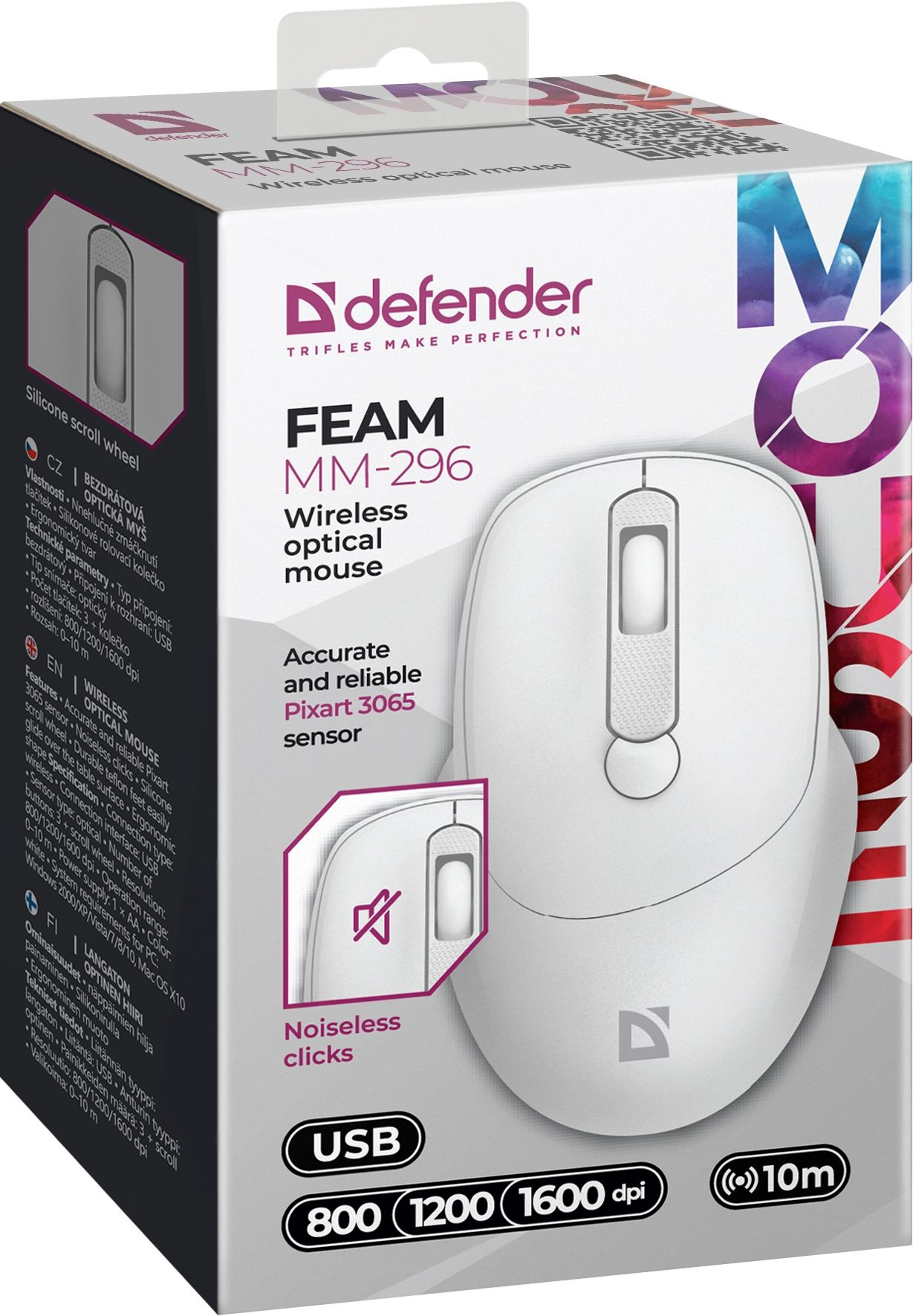 Мышь Defender Feam MM-296 белый оптическая 1600dpi silent беспров. USB 3but (52297)
