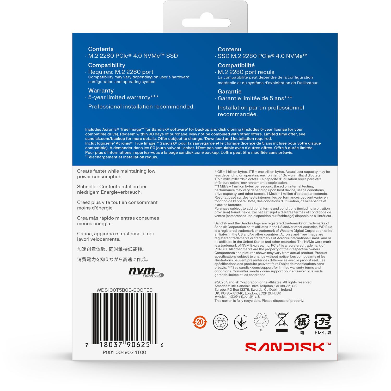 Твердотельный накопитель Western Digital Blue SN5100 SSD M2.2280 PCIe 4.0 1Tb, 7100MBs/6700MBs, TBW 