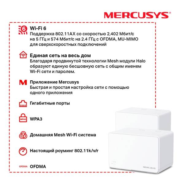 Бесшовный Mesh роутер Mercusys Halo H80X (HALO H80X(2-PACK)) AX3000 10/100/1000BASE-TX компл.:устрой