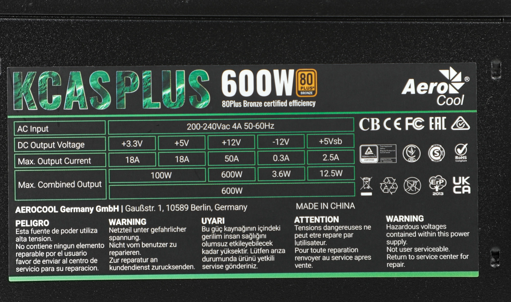 Блок питания Formula V Line KCAS PLUS 600W, 600W, APFC, 80+ Bronze, ATX12V v2.4, 12cm Fan (ex Aeroco