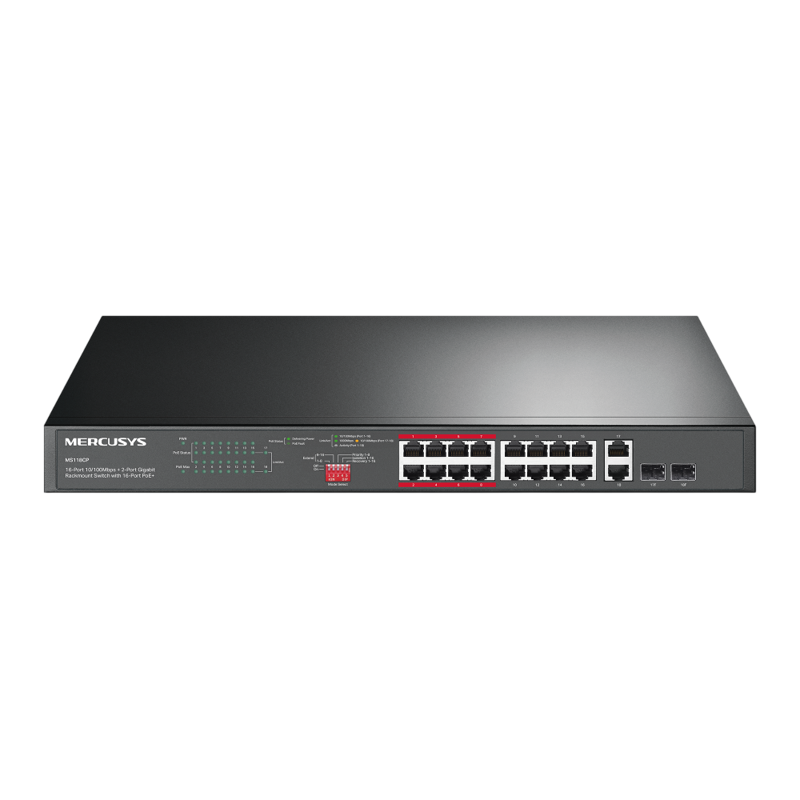 Коммутатор Mercusys MS118CP (L2) 16x100Мбит/с 2x1Гбит/с 2xКомбо(1000BASE-T/SFP) 16PoE+ 190W неуправл