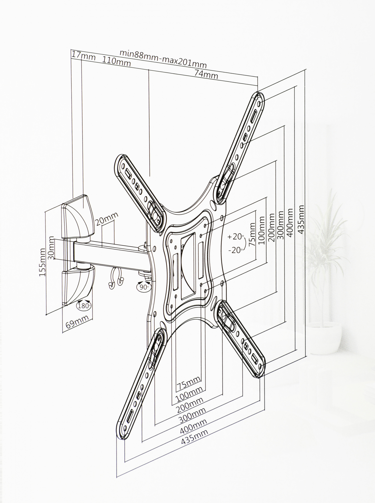 Кронштейн для телевизора Ultramounts UM868 черный 23"-55" макс.35кг настенный поворот и наклон