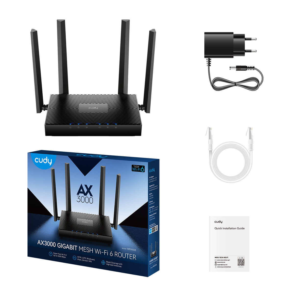 Cudy WR3000E 2.0 Гигабитный роутер Wi-Fi 6 AX3000, 2,4/5 ГГц, до 2976 Мбит/с, 5x1 Гбит/с, IPv6, 4 ан