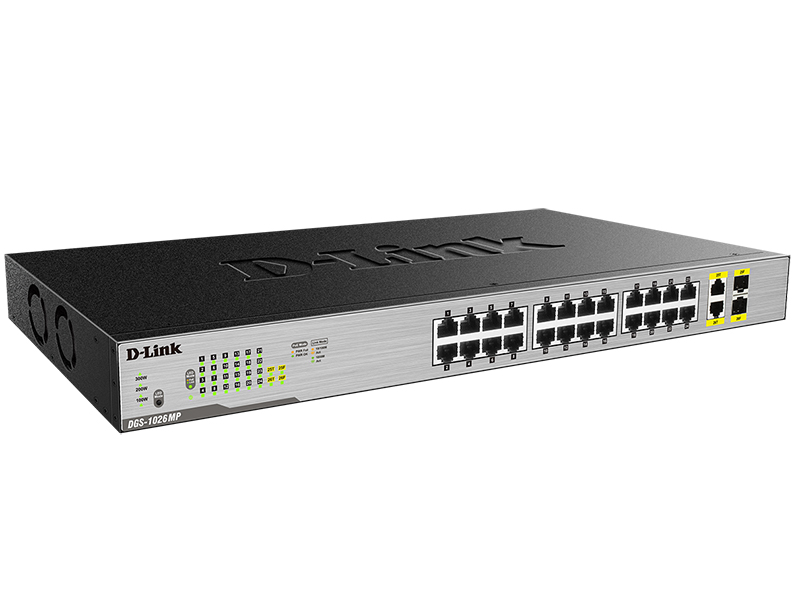 Коммутатор D-Link DGS-1026MP 24x1Гбит/с 2xКомбо(1000BASE-T/SFP) 24PoE 370W неуправляемый