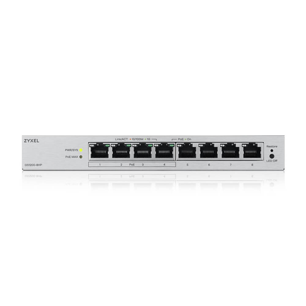 Коммутатор Web Smart L2 коммутатор Zyxel GS1200-8HPv3, 8xGE (4xPoE+), бюджет PoE 68 Вт, настольный, 