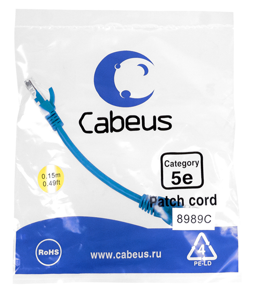 Патч-корд Cabeus PC-UTP-RJ45-Cat.5e-0.15m-BL Патч-корд U/UTP, категория 5е, 2xRJ45/8p8c, неэкраниров