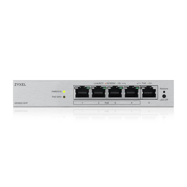 Коммутатор Web Smart L2 коммутатор Zyxel GS1200-5HPv3, 5xGE (4xPoE+), бюджет PoE 68 Вт, настольный, 