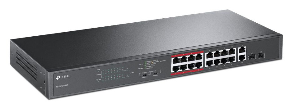 Коммутатор TP-Link TL-SL1218MP (L2) 16x100Мбит/с 2x1Гбит/с 2xКомбо(1000BASE-T/SFP) 16PoE+ 192W неупр