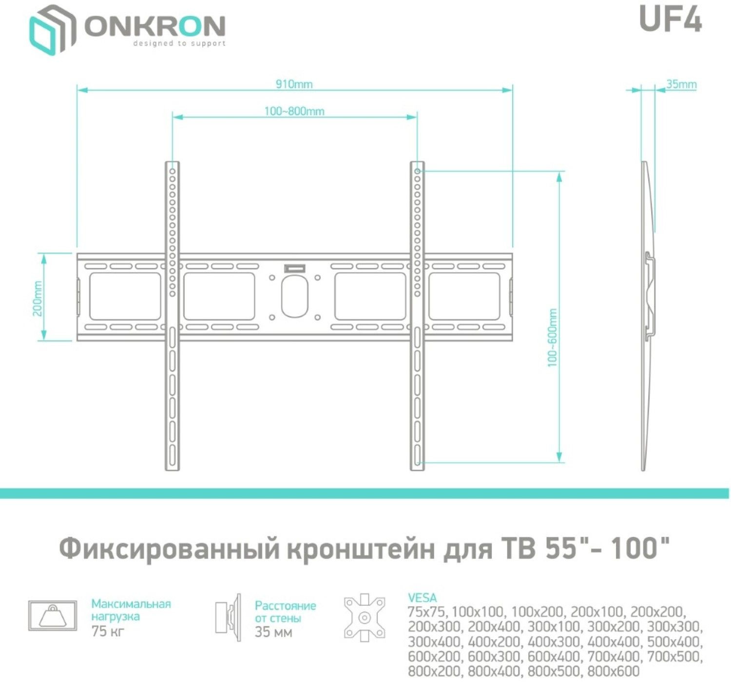 Кронштейн для телевизора Onkron UF4 черный 55"-100" макс.75кг настенный фиксированный