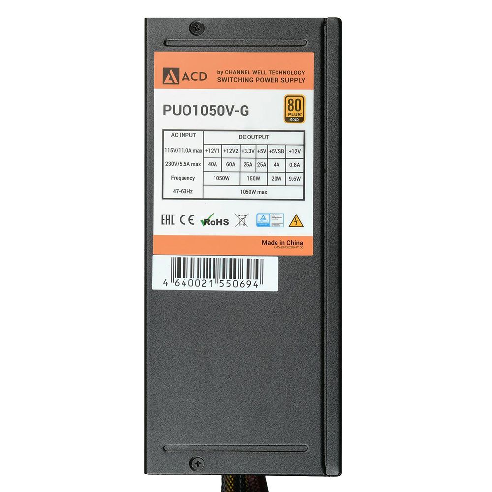 PUO1050V-G 1050W 80+ Gold, Modular, 20+4 PIN,CPU(4+4)PIN*1, CPU8PIN*1, PCI-E(6+2)P*6, HDD*5, FDD*1, 