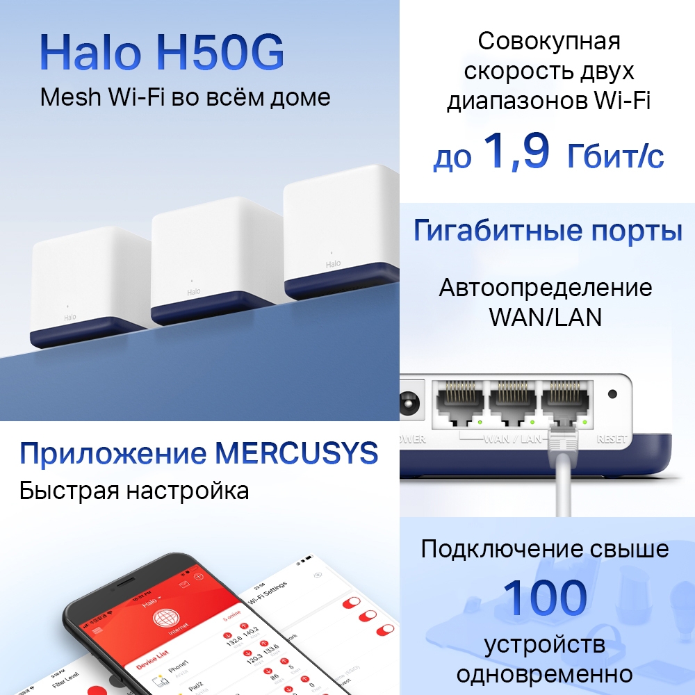 Бесшовный Mesh роутер Mercusys Halo H50G (HALO H50G(3-PACK)) AC1900 10/100/1000BASE-TX белый (упак.: