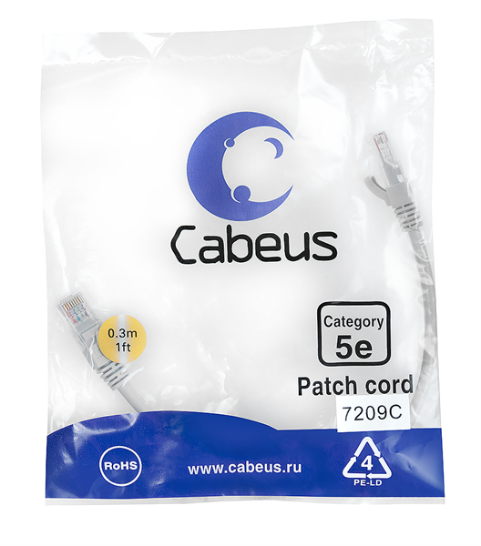 Cabeus PC-UTP-RJ45-Cat.5e-0.3m Патч-корд U/UTP, категория 5е, 2xRJ45/8p8c, неэкранированный, серый, 