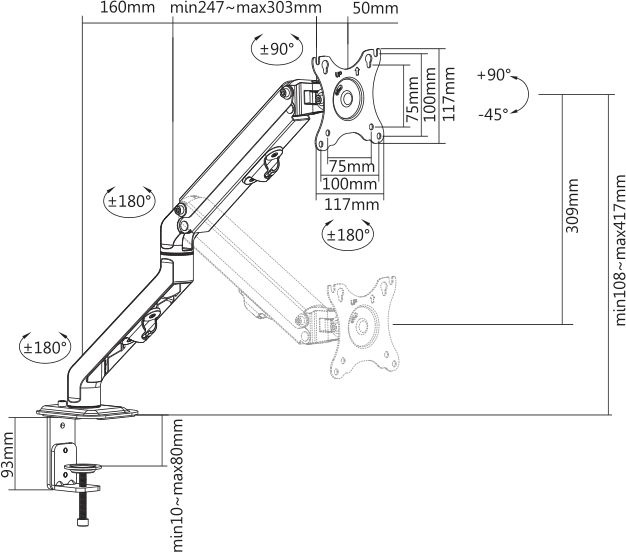 Кронштейн для мониторов Ultramounts UM728 черный 17"-27" макс.7кг крепление к столешнице поворот и н